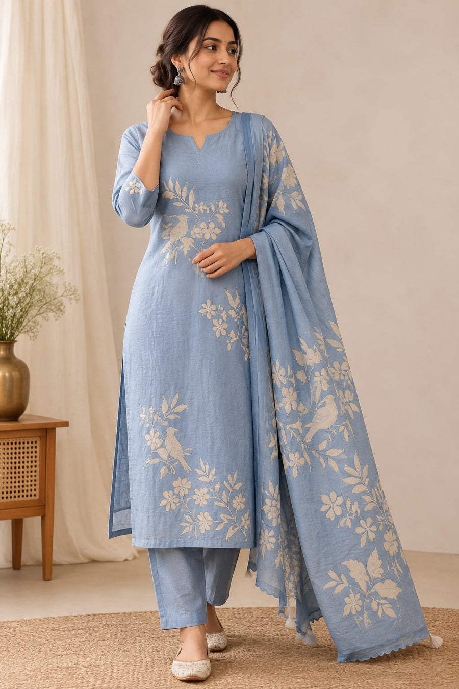 Women’s Powder Blue Mal Kurti Pant Set with Floral Bird Print Dupatta | 3-Piece Ethnic Set