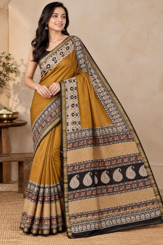 Natural Fab Maheshwari silk hand block printed saree UNI6832