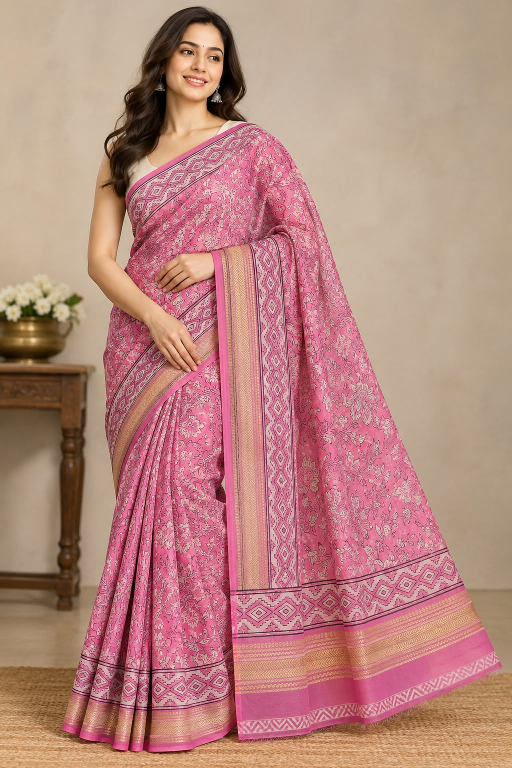 Natural Fab Maheshwari silk hand block printed saree UNI6833