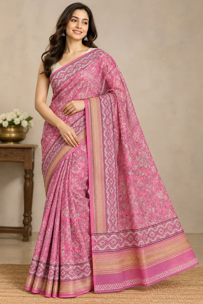 Natural Fab Maheshwari silk hand block printed saree UNI6833