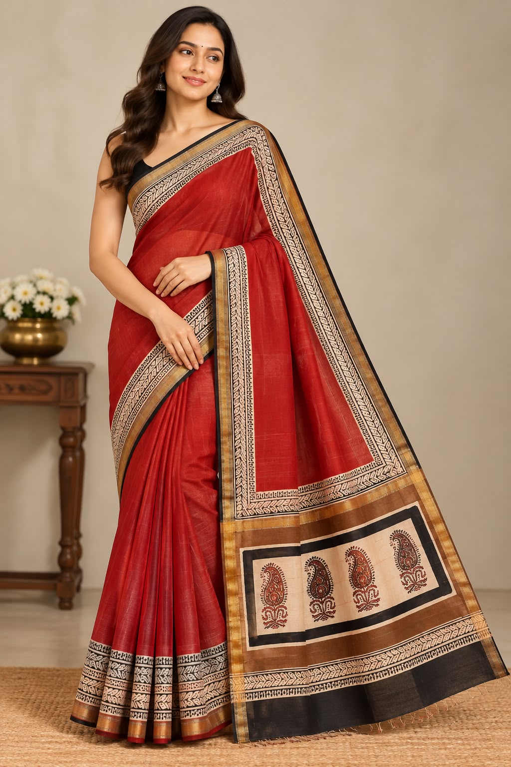 Natural Fab Maheshwari silk hand block printed saree UNI6837