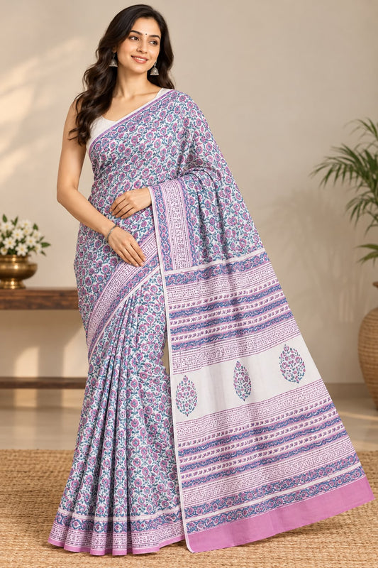 Mal Mal cotton hand block printed saree SKU UNI6838