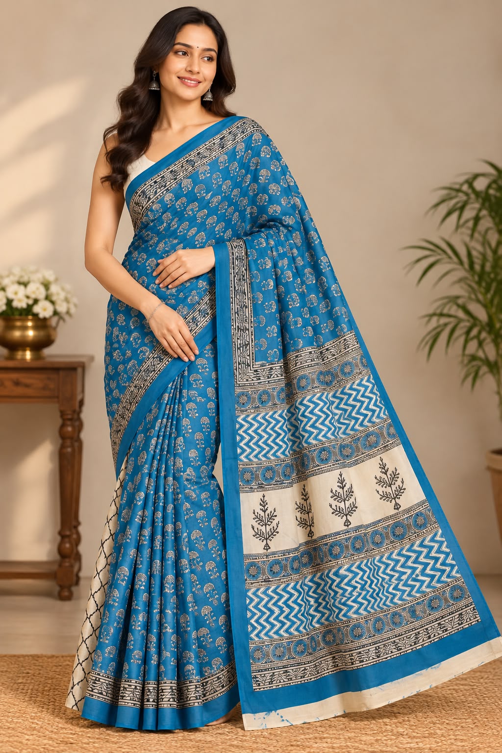 Mal Mal cotton hand block printed saree SKU UNI6839