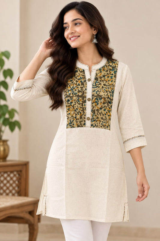 Women’s Off-White Kalamkari Hand Block Cotton Short Kurti