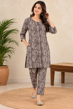 Women's Grey Cotton Hand Block Printed Kurta Pant Set with Pockets | 3/4 Sleeve Ethnic Co-Ord