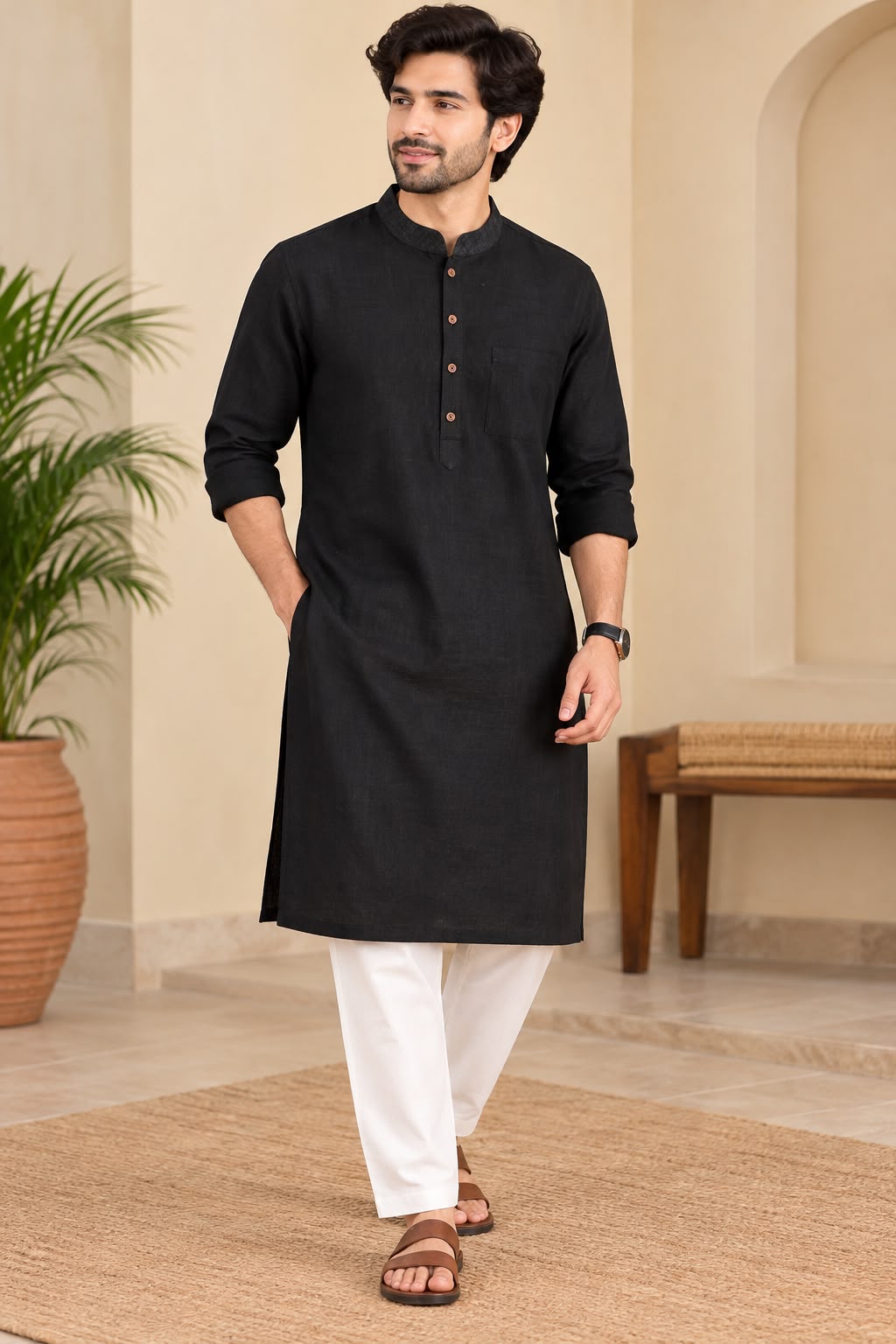 Naturalfab Men's Black Handwoven Cotton Long Kurta | Classic Everyday Ethnic Wear