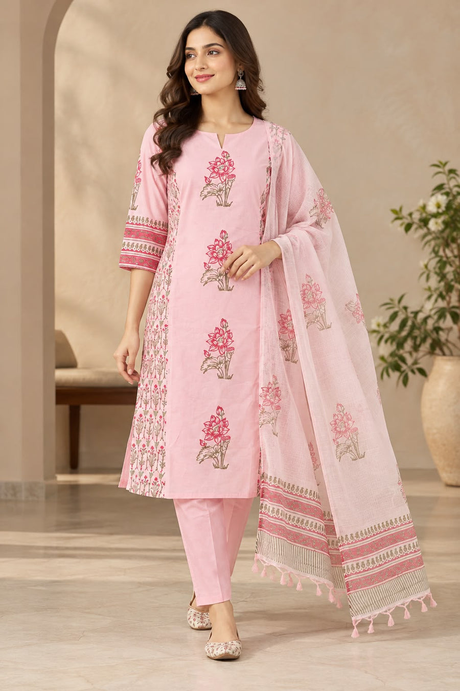 Women's Pink Cotton Hand Block Printed Kurti Pant Set with Kota Doria Dupatta | 3 Piece Ethnic Set