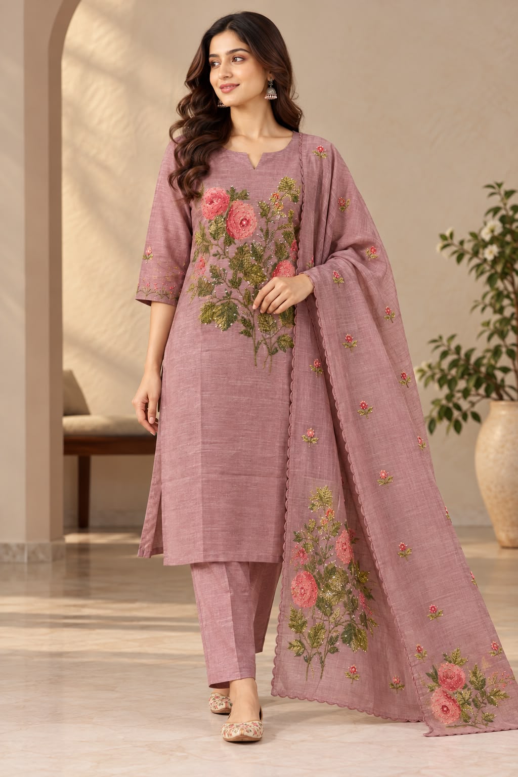 Women's Pink Chanderi Kurti Set with Handcrafted Kantha Embroidery