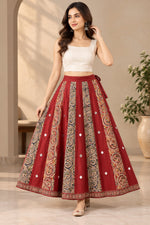Women's Maroon Kalamkari Printed Long Flared Skirt with Mirror Work & Ethnic Border