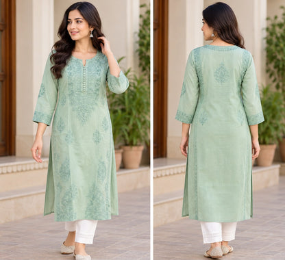 Women's Pista Green Cotton Chikankari Kurti | Elegant Embroidered Ethnic Wear