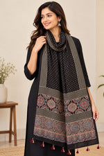 Women's Black Ajrakh Inspired Printed Modal Silk Stole with Polka Dots, Striped Border & Tassels