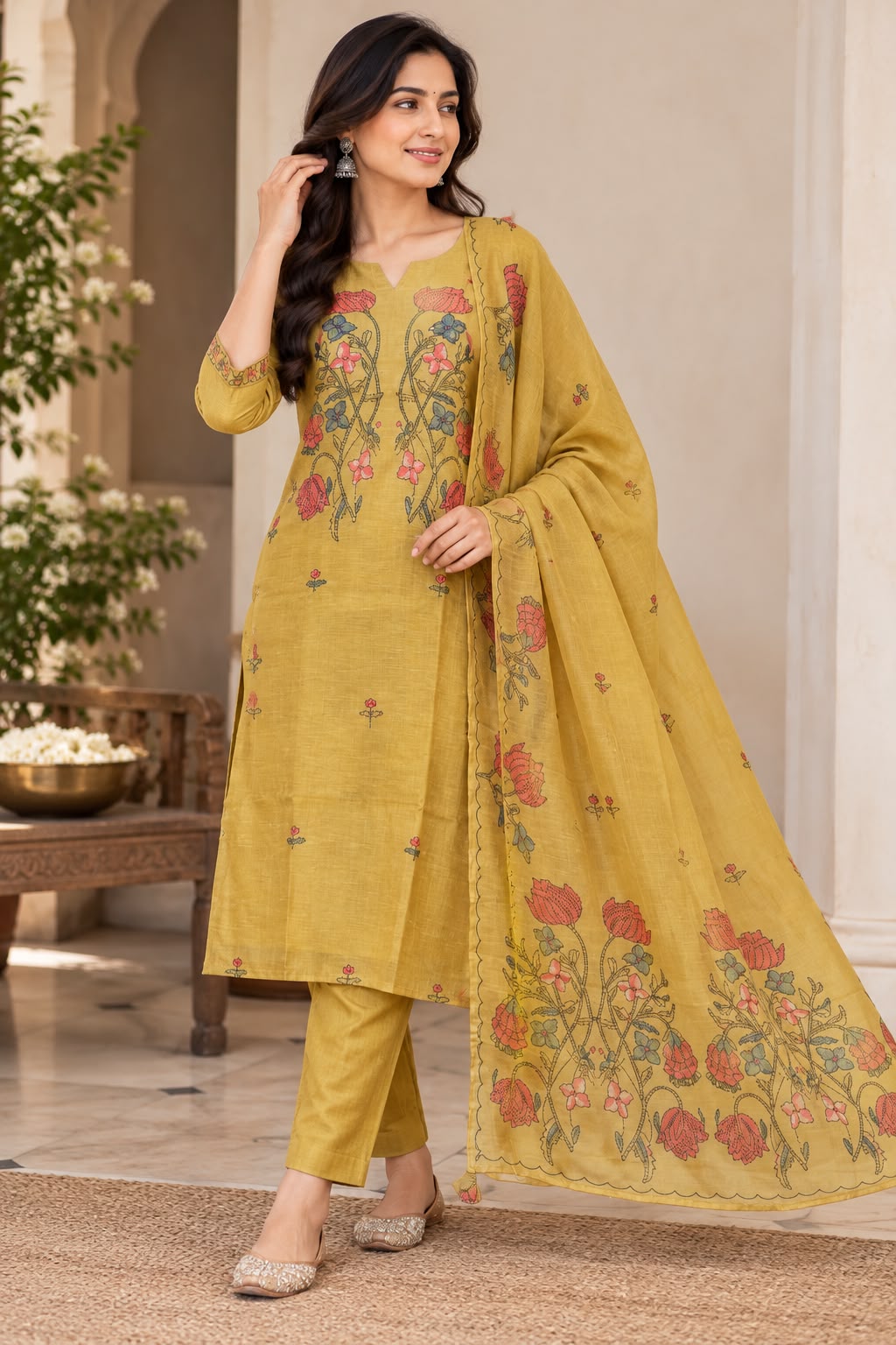 Naturalfab Women's Yellow Chanderi Kurti Set with Hand Kantha Work for Festive and Ethnic Wear