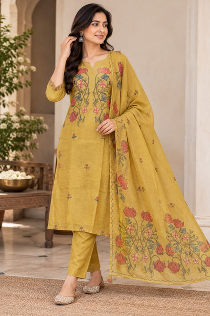 Naturalfab Women's Yellow Chanderi Kurti Set with Hand Kantha Work for Festive and Ethnic Wear