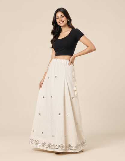 Women’s Cream Embroidered Gota Patti Work Long Flared Skirt