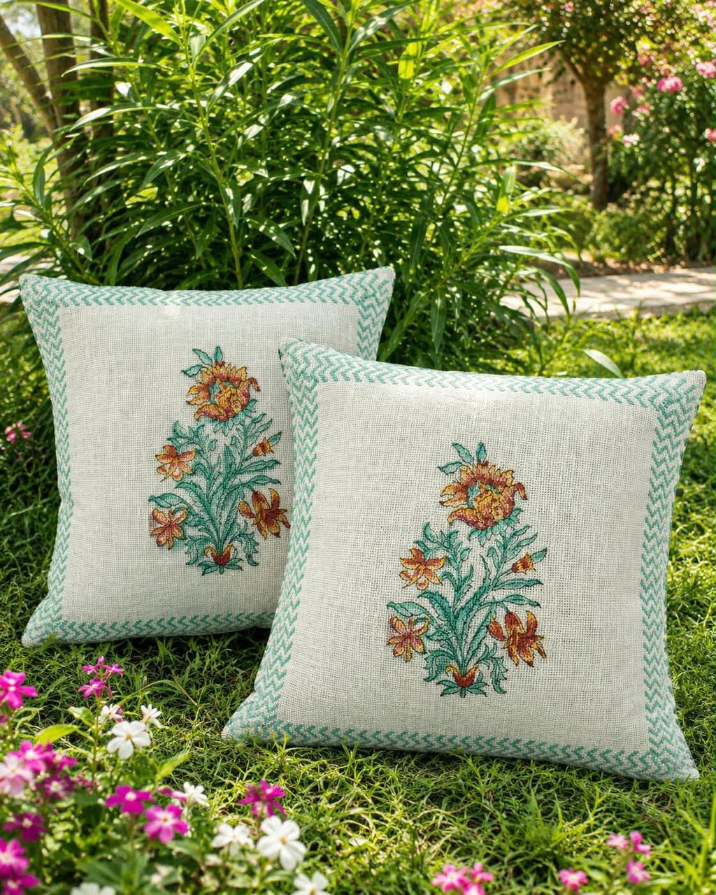 Natural Fab Hand Block Printed Jute Cushion Cover – Design A