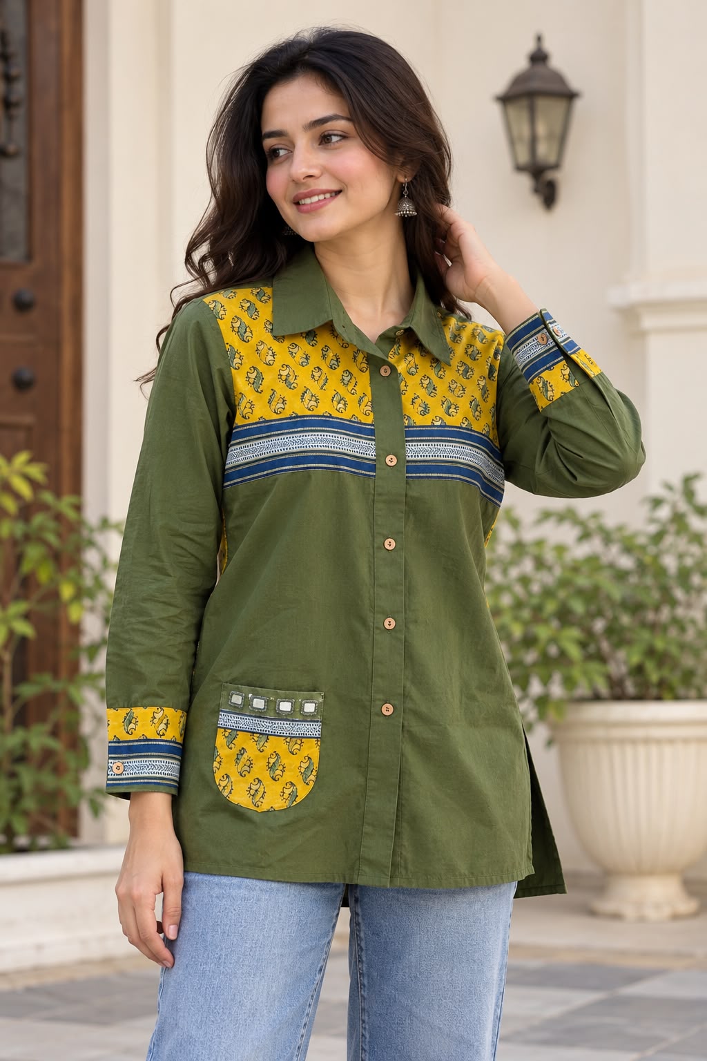 Women's Green Ajrakh Printed Top