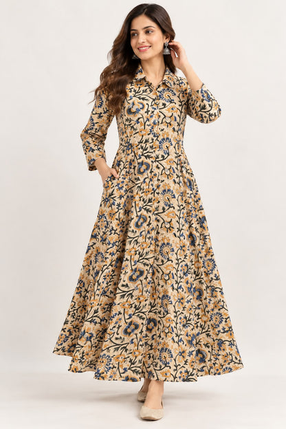 Natural Fab Women's Beige Hand Block Printed Dress