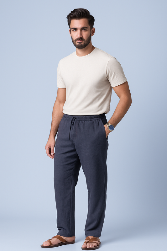 Men’s Cotton Linen Blend Gray Pants | Relaxed Fit Drawstring Casual Trousers with Pockets